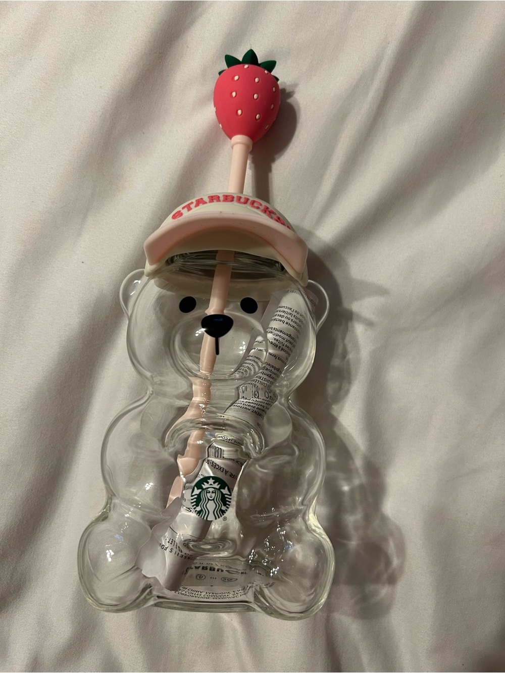 Starbucks Clear Bear Cup with Pink Strawberry Straw and Cap